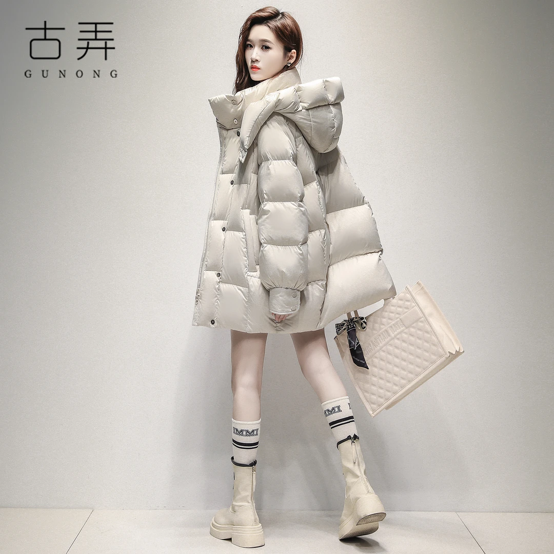 时尚云朵泡芙羽绒服女士中长款加厚直筒冬季新款可拆卸帽鸭绒外套