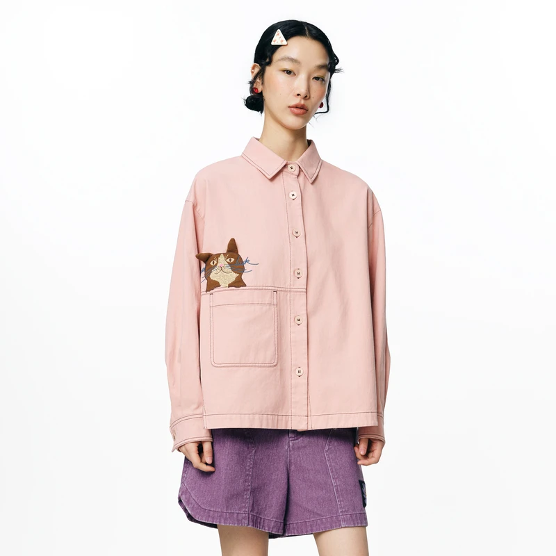 MOVEUP幻走2025秋季新款.FUN 小方领贴布绣短款衬衫女3EWQ20426