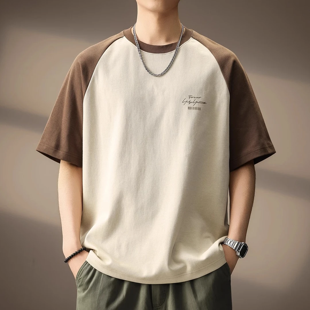 MR.MUDI/穆迪先生高端美式插肩袖撞色短袖体恤男夏季休闲宽松T恤