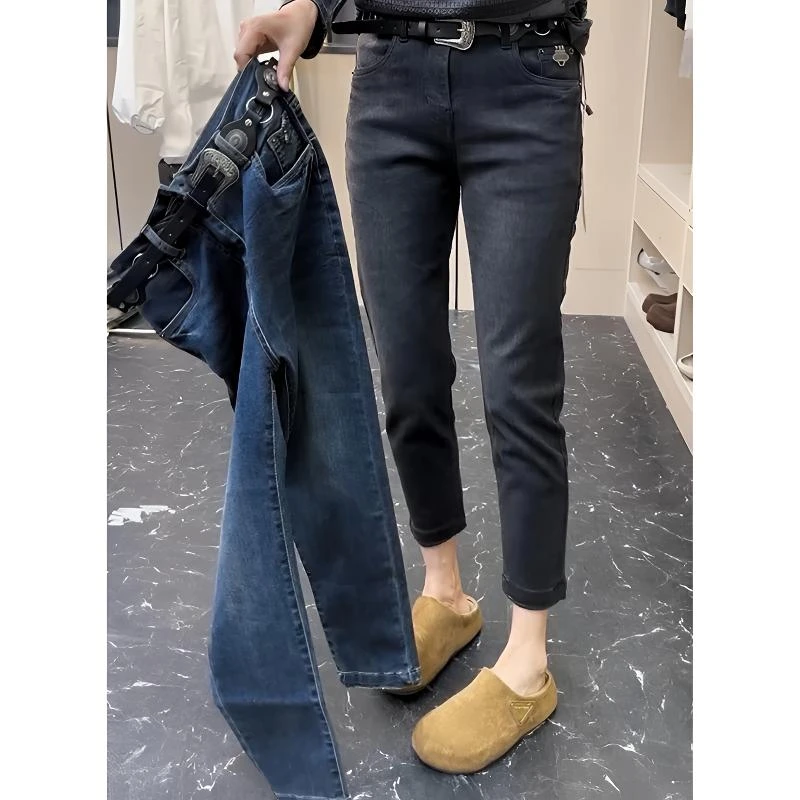 秋季新款高腰水洗冬季小脚牛仔裤弹力韩版时尚百搭洋气遮胯烟管裤