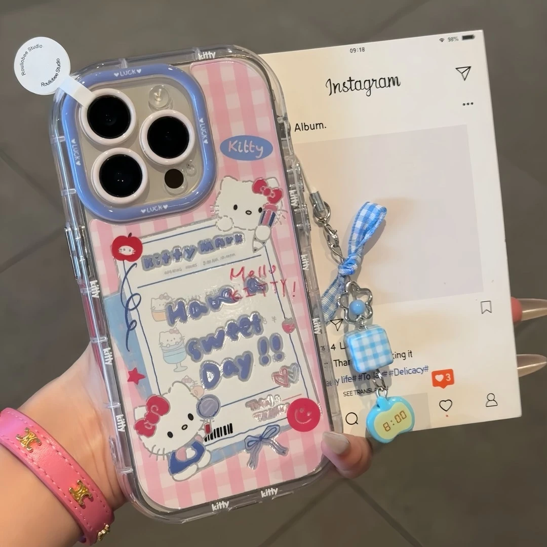 适用蓝粉kitty涂鸦框苹果16/15pro挂链手机壳华为p70vivo小米oppo