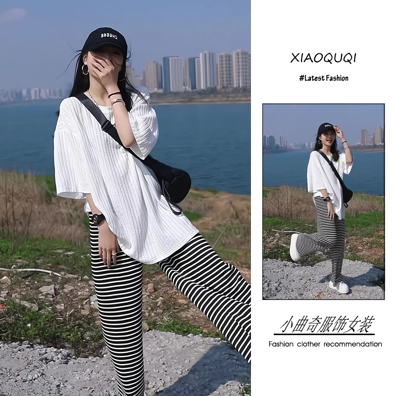 夏季流行穿搭一整套新款2025年韩版慵懒风遮肉宽松纹理T恤条纹裤
