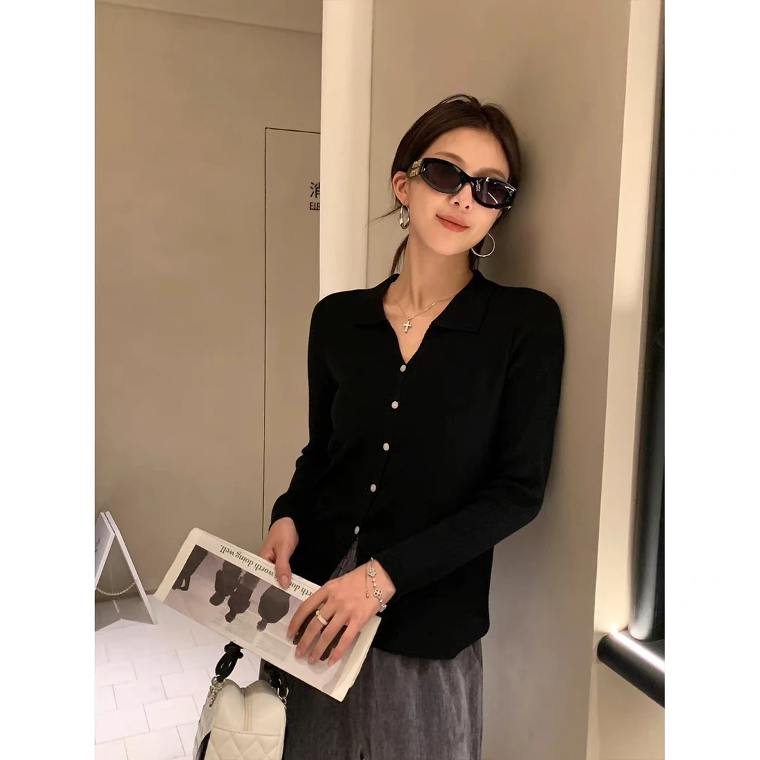 【米白色】开衫外套3656超柔软新款高品质POLO领针织上衣