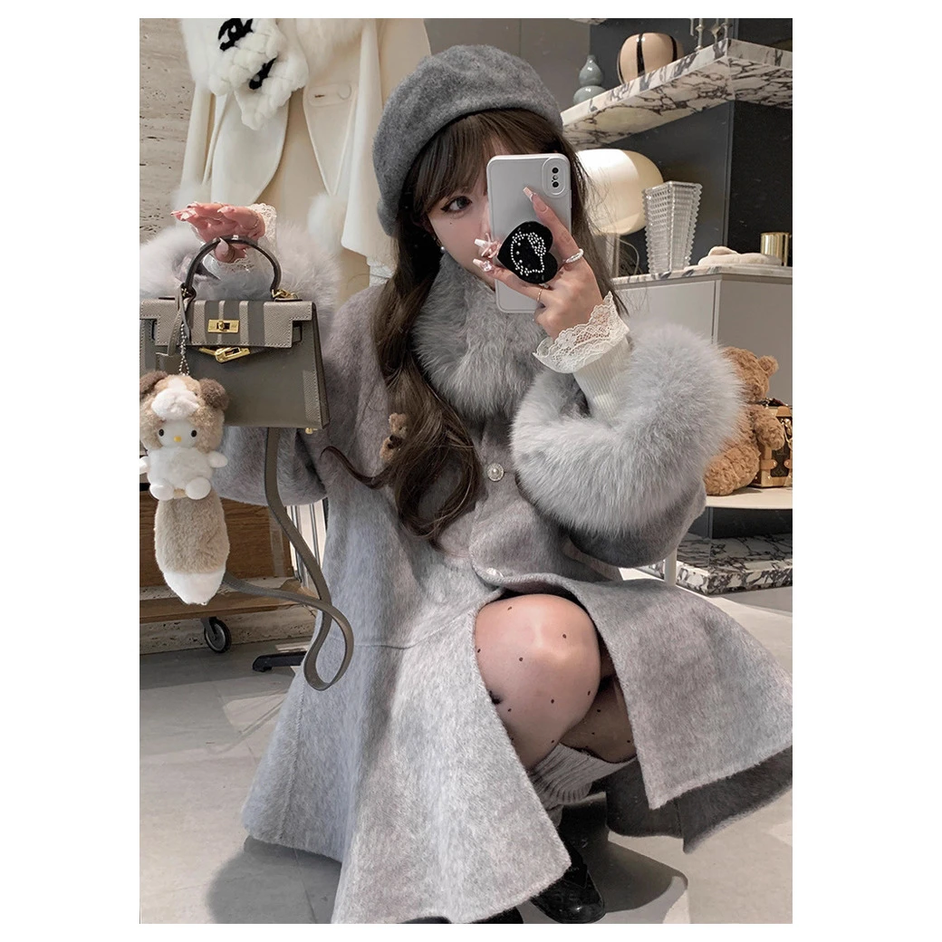 【绒绒雪球】狐狸领双面羊毛大衣女2025秋冬新款法式高级感毛呢外套