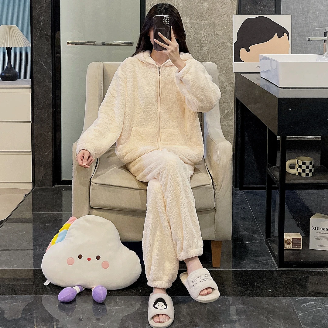冬季新款睡衣女加绒加厚珊瑚绒连帽拉链纯色保暖瑞雪绒家居服套装