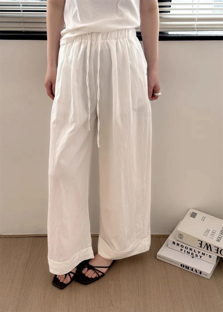 5085#韩版显瘦贝壳扣阔腿裤女垂感慵懒简约直筒拖地裤春夏凉凉裤