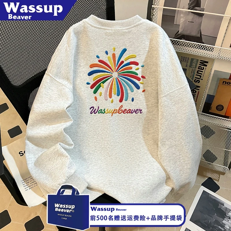 WASSUP BEAVER潮牌绚丽烟花圆领情侣款卫衣秋冬新款时尚加绒上衣