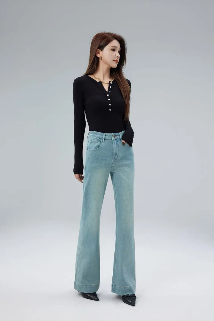 8027夏季新品  祖母绿宽松直筒喇叭四面弹牛仔裤