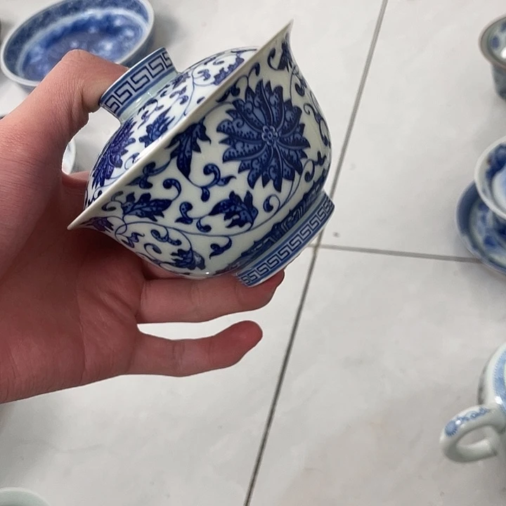 陶摆件景德镇缠枝莲二才盖碗jj