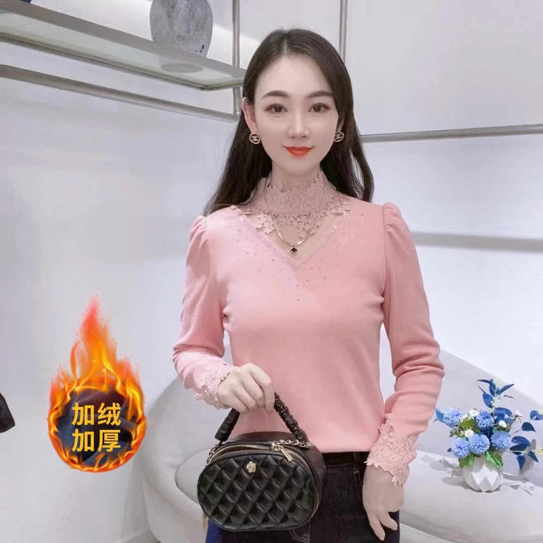 A9079法式时尚长袖T恤女花边拼接半高领冬季新款显瘦百搭洋气上衣