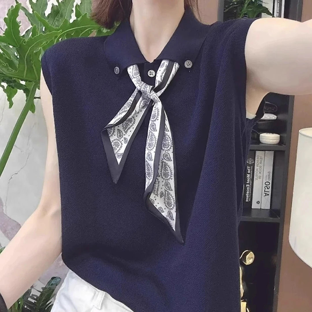 芯娇晴带丝巾针织衫女2025夏季新款无袖小翻领洋气高级打底衫上衣