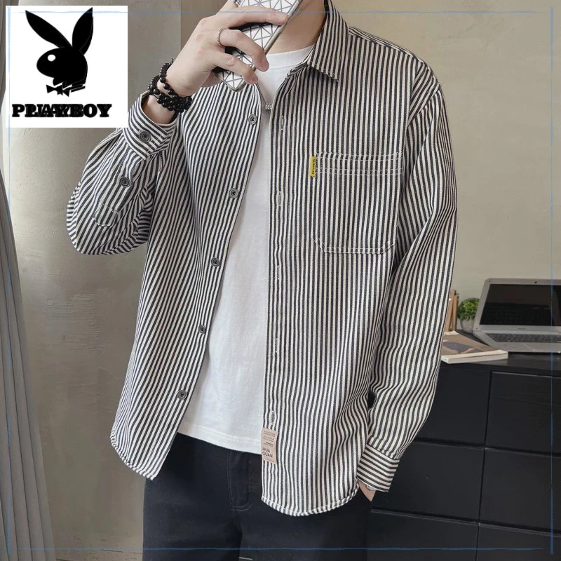 PLAYBOY花花公子长袖衬衫男士纯棉条纹上衣服2025年春季休闲外套