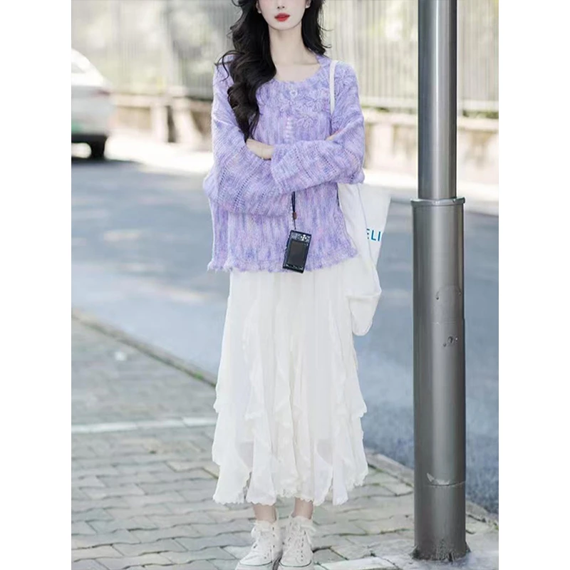 紫色针织衫套装女2025春季新款早春穿搭一整套高腰显瘦白色半身裙