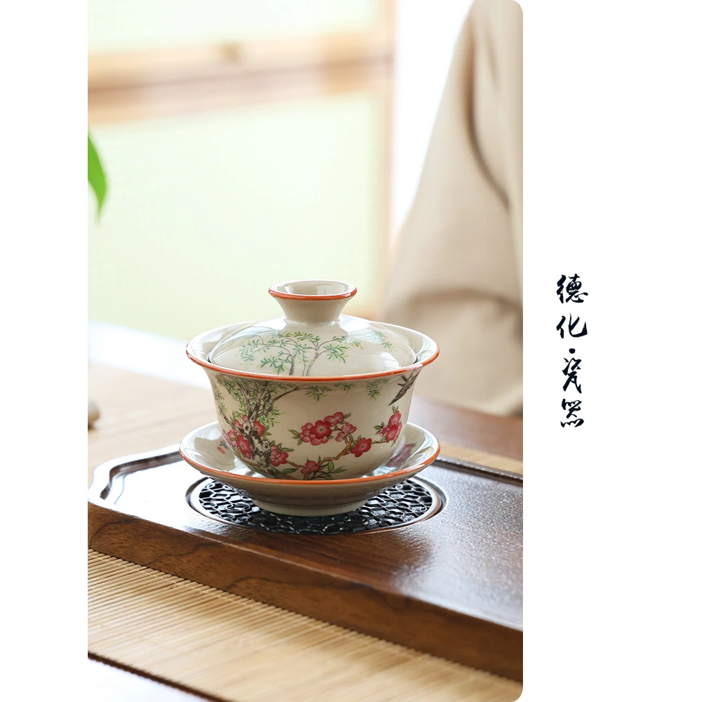 䓍木灰悬停盖碗-杨柳依依手工复古家用陶瓷中式大号手绘三才Y4352