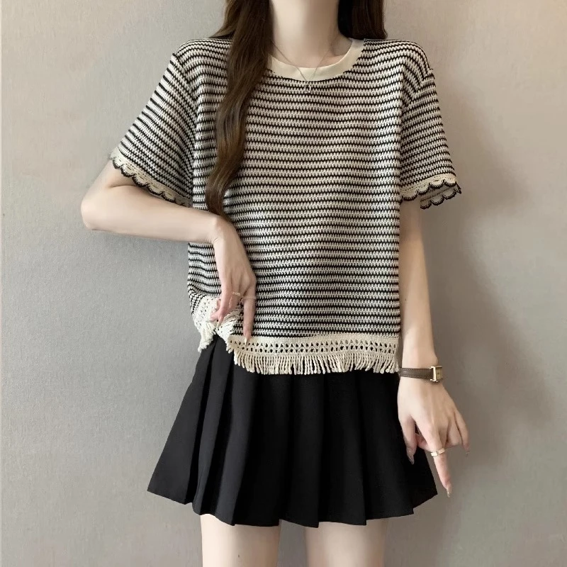 特大码条纹撞色流苏短袖T恤女夏装300斤胖mm减龄遮肚子显瘦上衣潮
