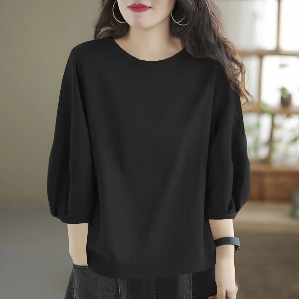 春秋装新款大码宽松显瘦文艺百搭休闲上衣圆领体恤女士纯棉七分袖