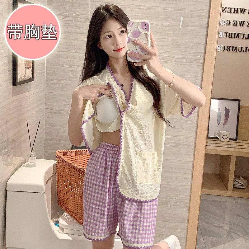 睡衣小香风家居服套装带胸垫云朵棉短裤短袖夏甜美大码加肥胖mm女