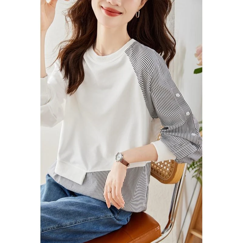 圆领长袖t恤女装秋冬季2025年新款秋冬爆款条纹女士卫衣宽松上衣