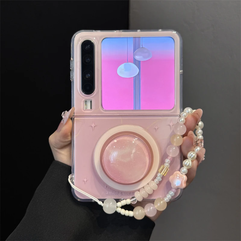 适用华为puraX典藏版折叠屏手机壳pocket2粉色英文琉璃磁吸支架女