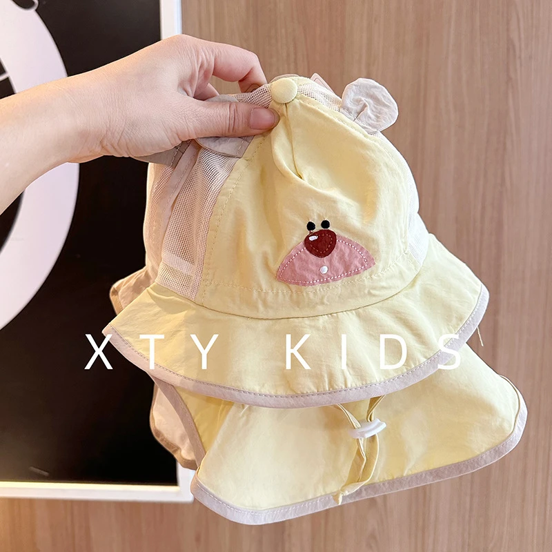 韩版可爱小熊披肩防晒夏季宝宝遮阳帽速干透气薄款婴幼儿童防晒帽