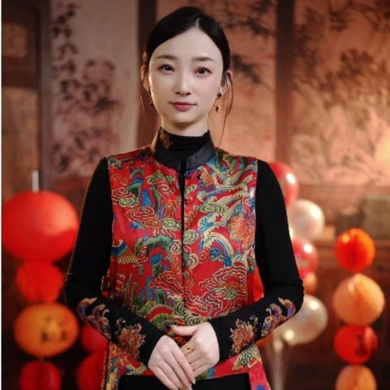 [迎春]小雪新中式国风妈妈装双面穿蓝色红色海浪马夹