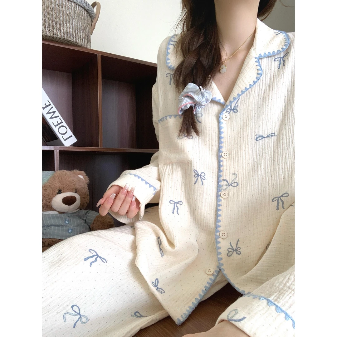 甜美蝴蝶结双层棉纱睡衣女秋季新款开衫长袖长裤家居服套装可外穿