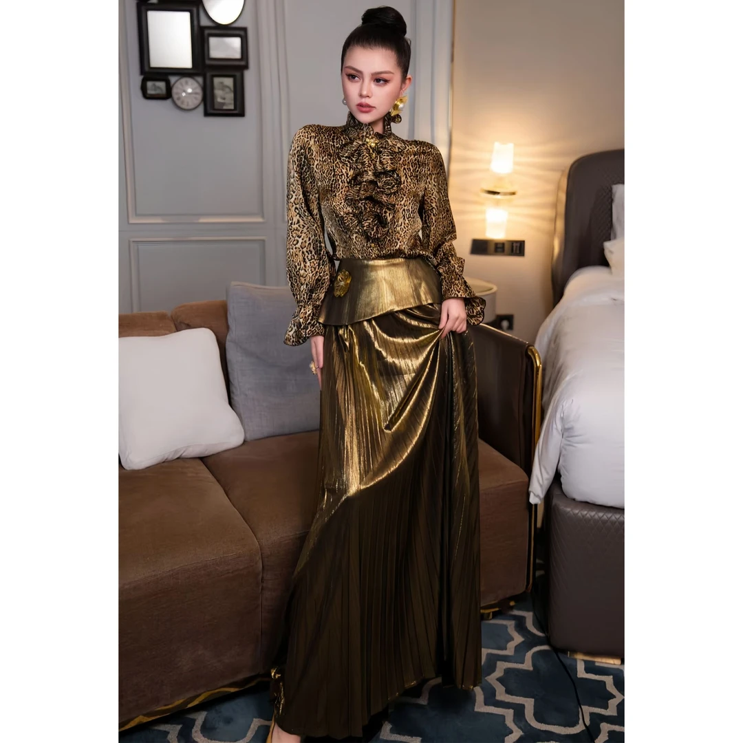 ZEROYK法式高端晚礼服2025春季新款精致豹纹荷叶衬衫百褶裙两件套