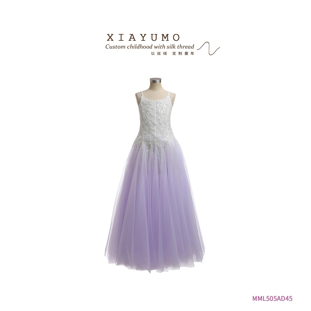 夏羽墨女童夏季新款紫色拼接蕾丝公主裙气质修身无袖法式礼服