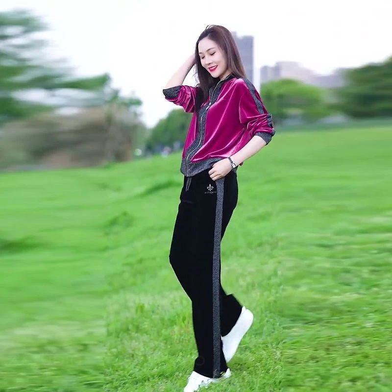 早秋穿搭垂坠感休闲运动玫红色金丝绒长袖卫衣直筒裤套装两件套女