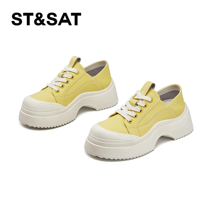 星期六黄色厚底女鞋2025新款夏季透气松糕底板鞋女增高小白休闲鞋