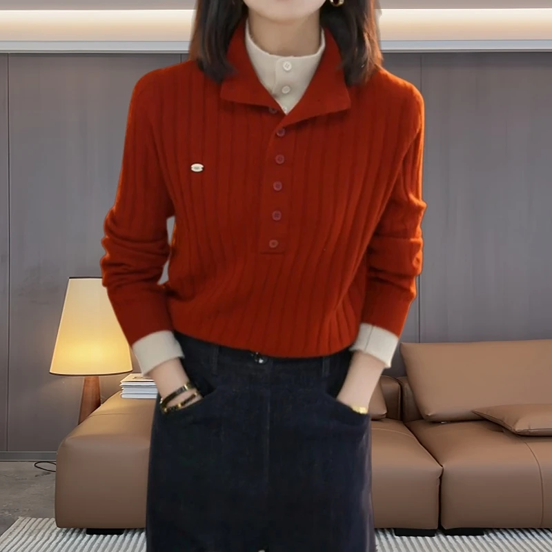 韩系设计感拼接撞色假两件针织衫女秋冬时髦显瘦百搭坑条立领上衣