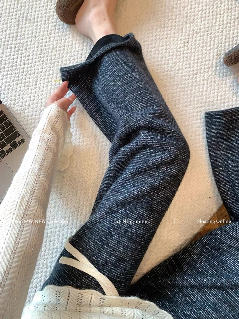 条纹撞色加绒加厚阔腿裤女冬新款松紧高腰宽松显瘦百搭休闲直筒裤