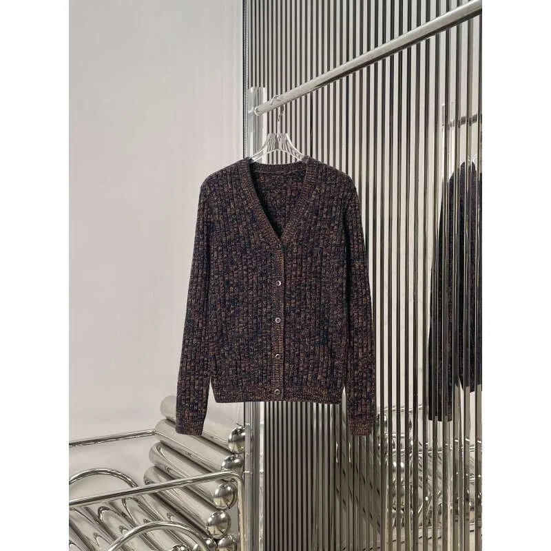 混色针织V领开衫 单排扣长袖复古针织上衣