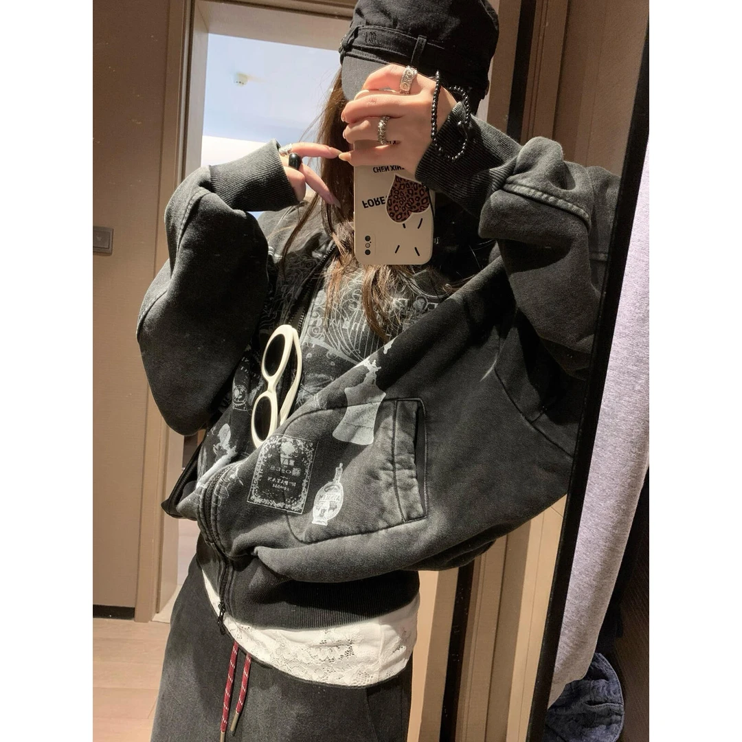 （浠儿姐姐）蝙蝠袖水洗做旧印花卫衣开衫秋冬宽松长袖慵懒外套上衣