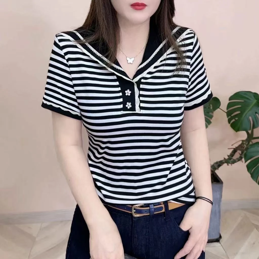 2025时尚洋气新款修身高级海军领百搭花扣轻薄短袖2632
