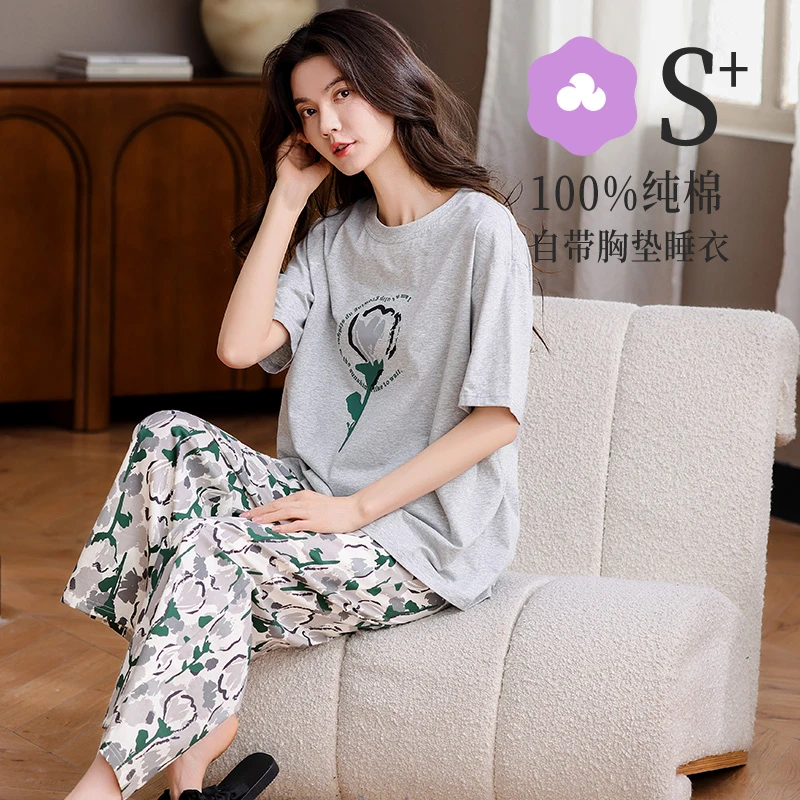 【纯棉带胸垫可外出】睡衣女士夏季2025新款宽松短袖家居服S5BD6658