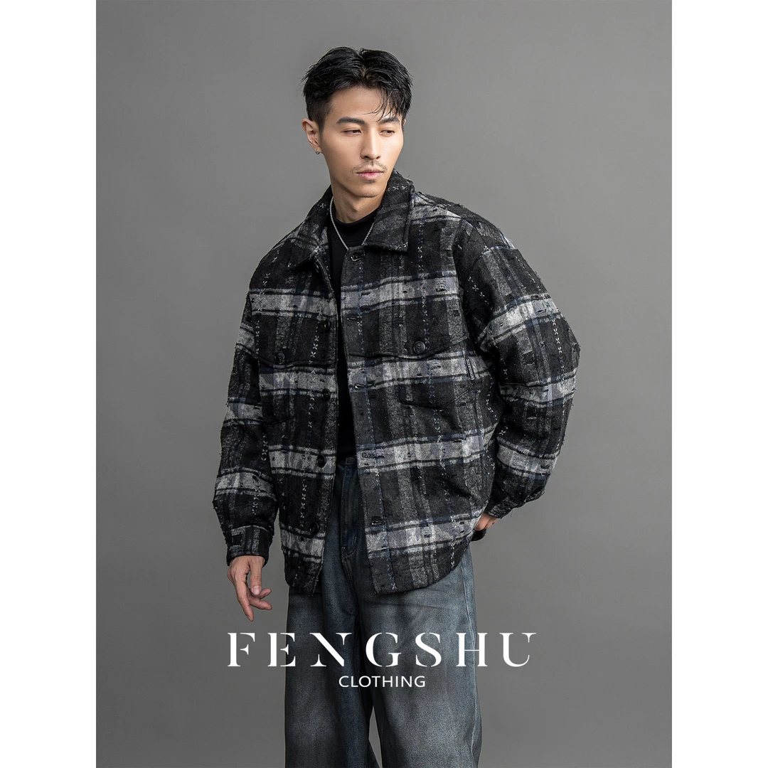 FENGSHU「绗缝格纹 90白鸭绒」衬衫羽绒服男冬季复古宽设计松外套