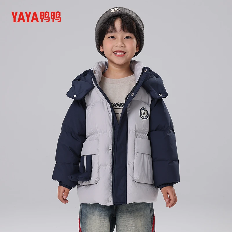 鸭鸭儿童羽绒服男童连帽中长款加厚秋冬男宝拼接撞色保暖小童