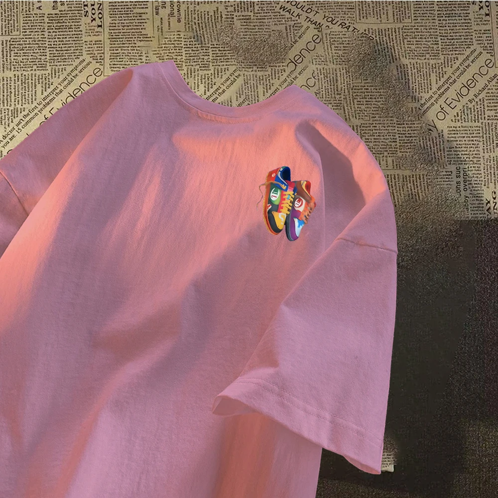 美式痞帅重磅纯棉短袖-彩色球鞋 青年男女潮牌宽松百搭圆领上衣