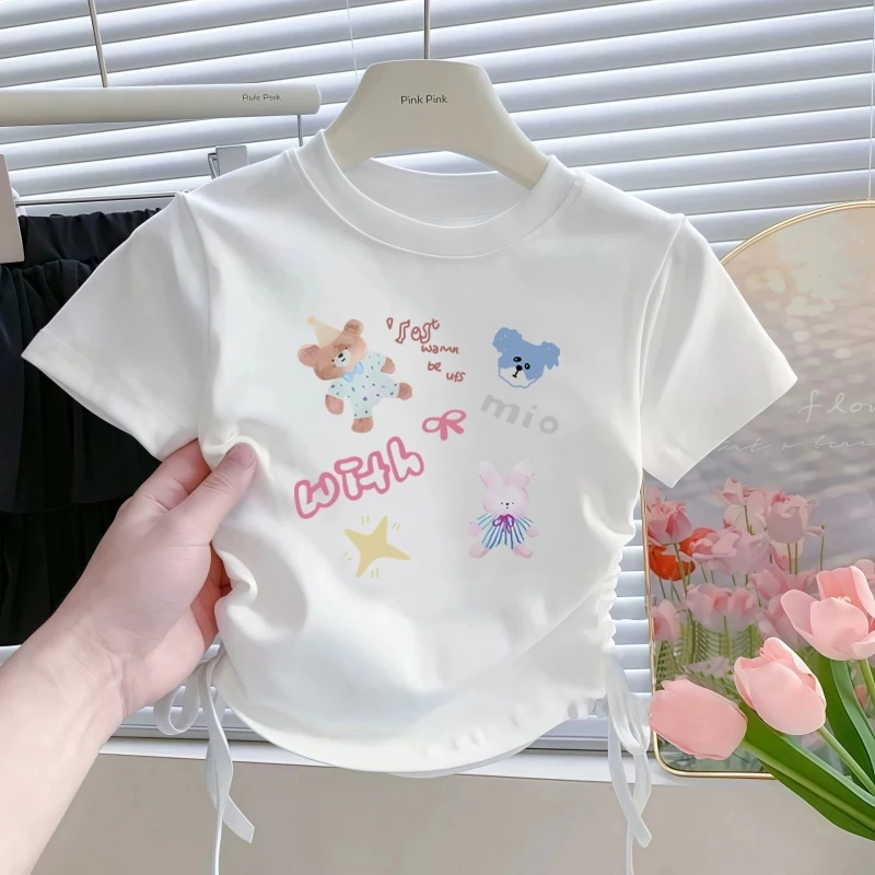 女童纯棉短袖T恤2025新款夏季抽绳设计儿童可爱女孩印花圆领上衣