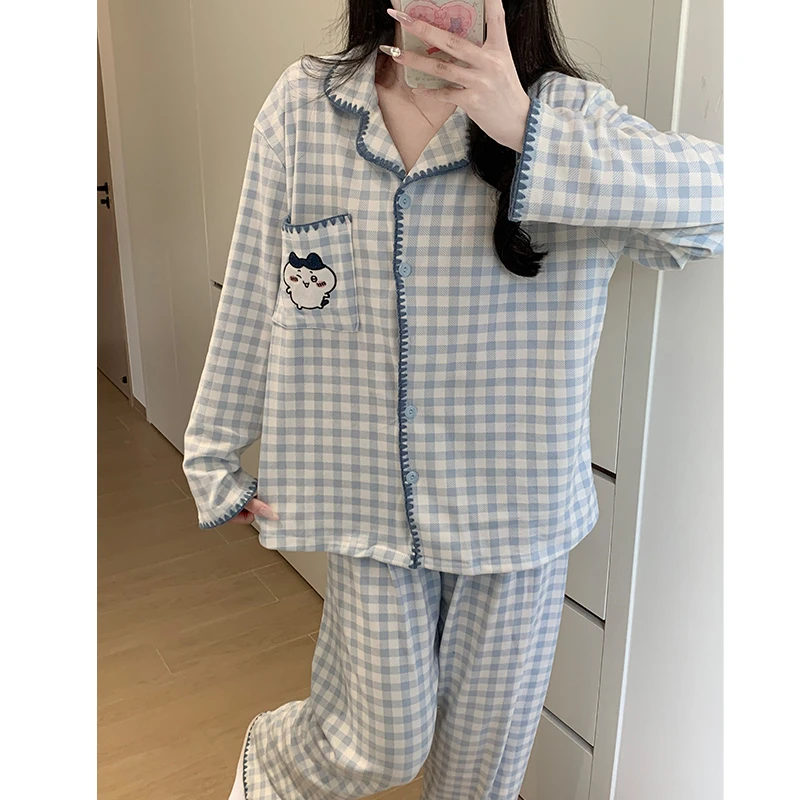 Meng luan/梦鸾秋冬新款卡通格纹德绒睡衣女士保暖长袖家居服套装