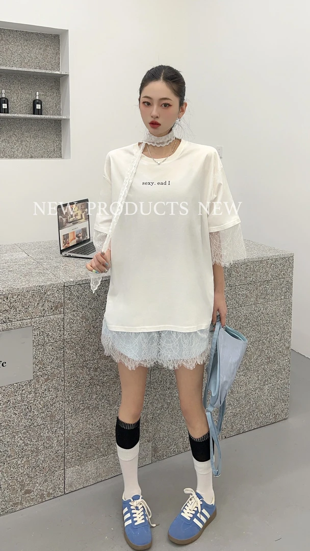 567女士短袖刺绣常规型圆领T恤印花大版蕾丝半袖