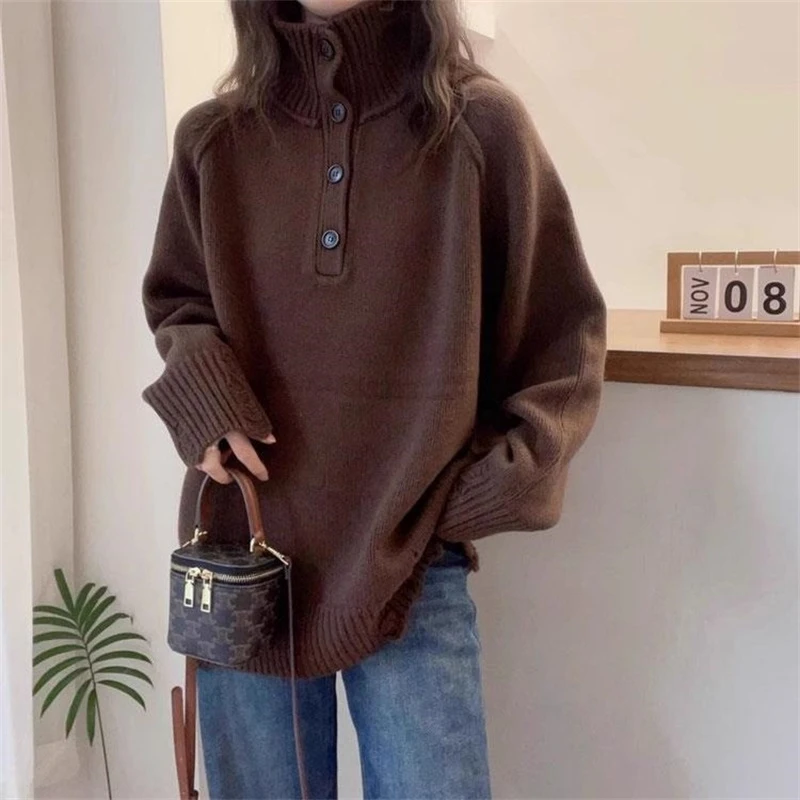 高领纯色半开扣设计感套头纯色针织衫女显瘦长袖欧货上衣休闲毛衣