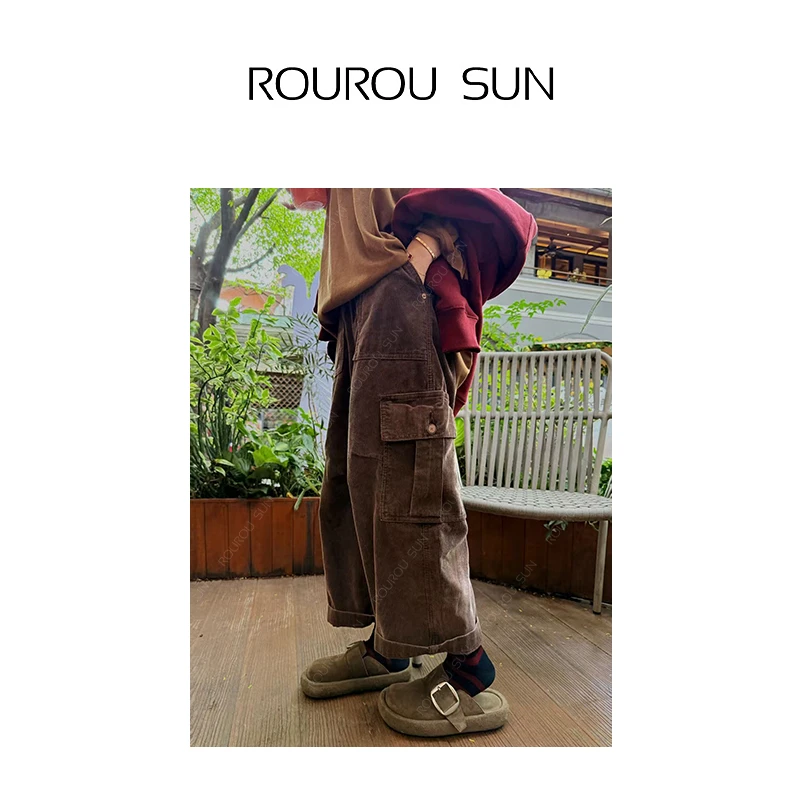 3073早秋款女装美式复古设计感多口袋宽松工装裤女阔腿休闲裤