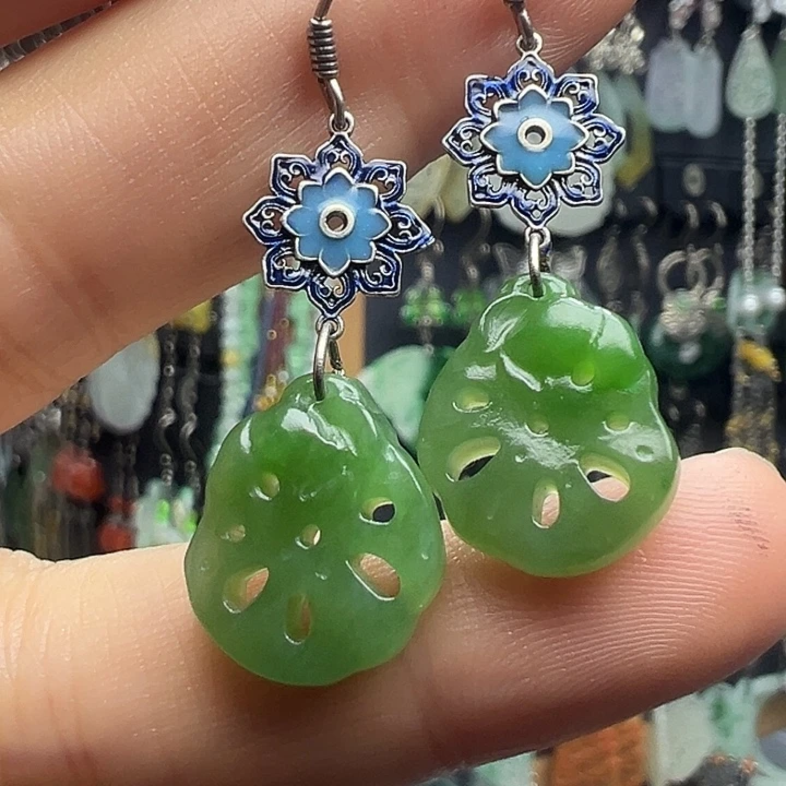 和田玉银S925镶嵌耳饰