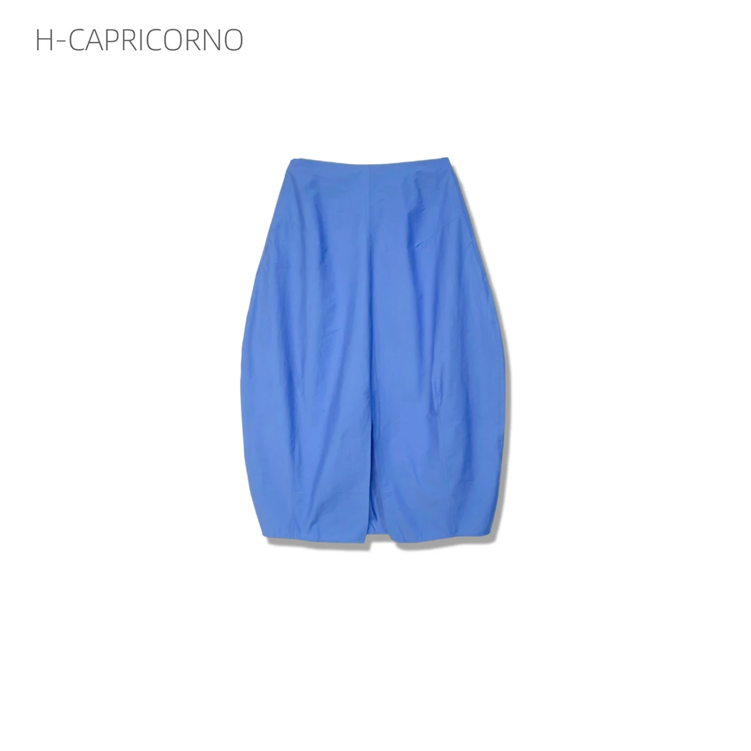 H-CAPRICORNO睡莲克莱因蓝精致棉中高腰立体花苞半裙