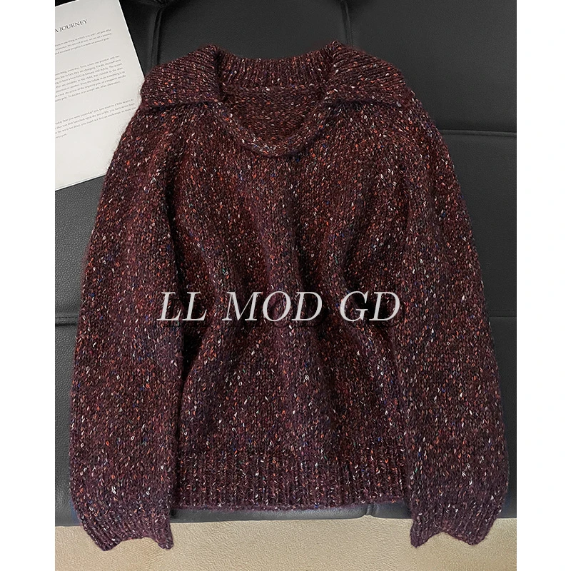 琉璃草莓 长袖宽松毛衣春秋冬季 V 领百搭厚款针织上衣XR-255503