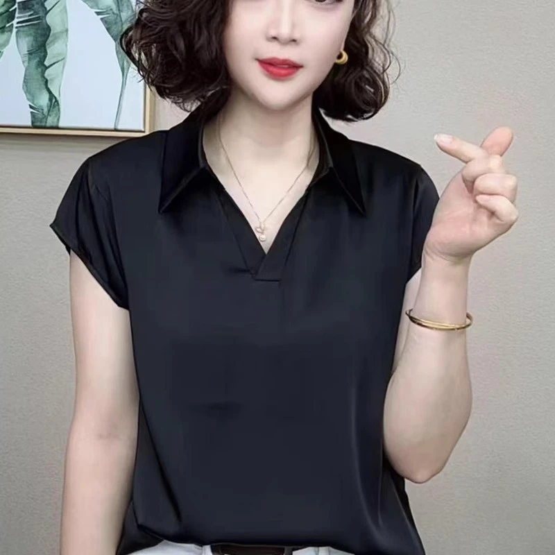 2025夏季洋气百搭气质短袖新款时尚T恤女上衣翻领纯色简约妈妈装