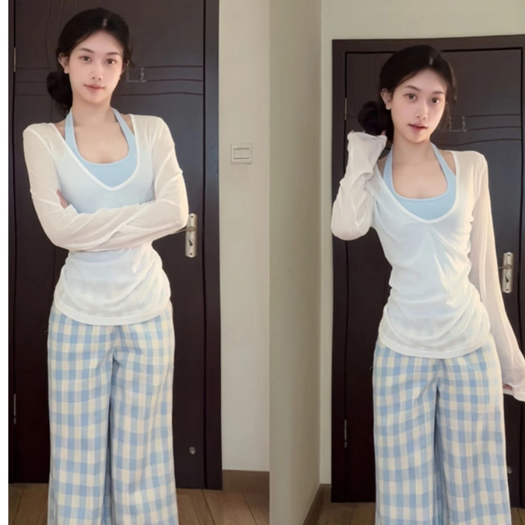 薄荷绿长袖T恤薄款防晒罩衫上衣女吊带背心夏季辣妹穿搭两件套潮