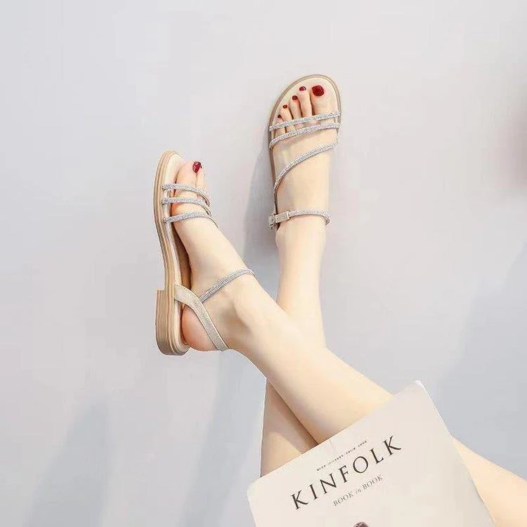 2025夏季新款仙女风罗马鞋沙滩鞋平底凉鞋女外穿水钻时尚百搭软底